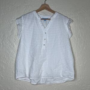 Draper James White Eyelet Ruffle V Neck Blouse Cottagecore Women XXL
